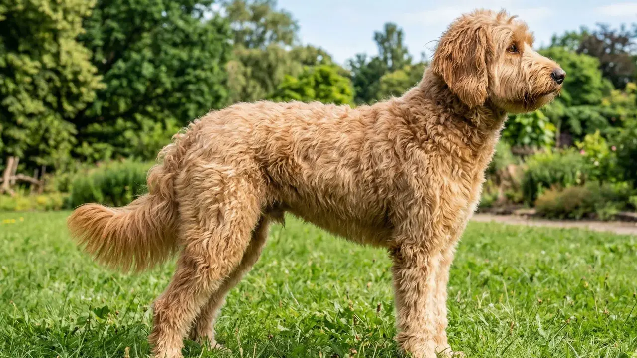 En fluffig labradoodle mini står i gräset med träd i bakgrunden.