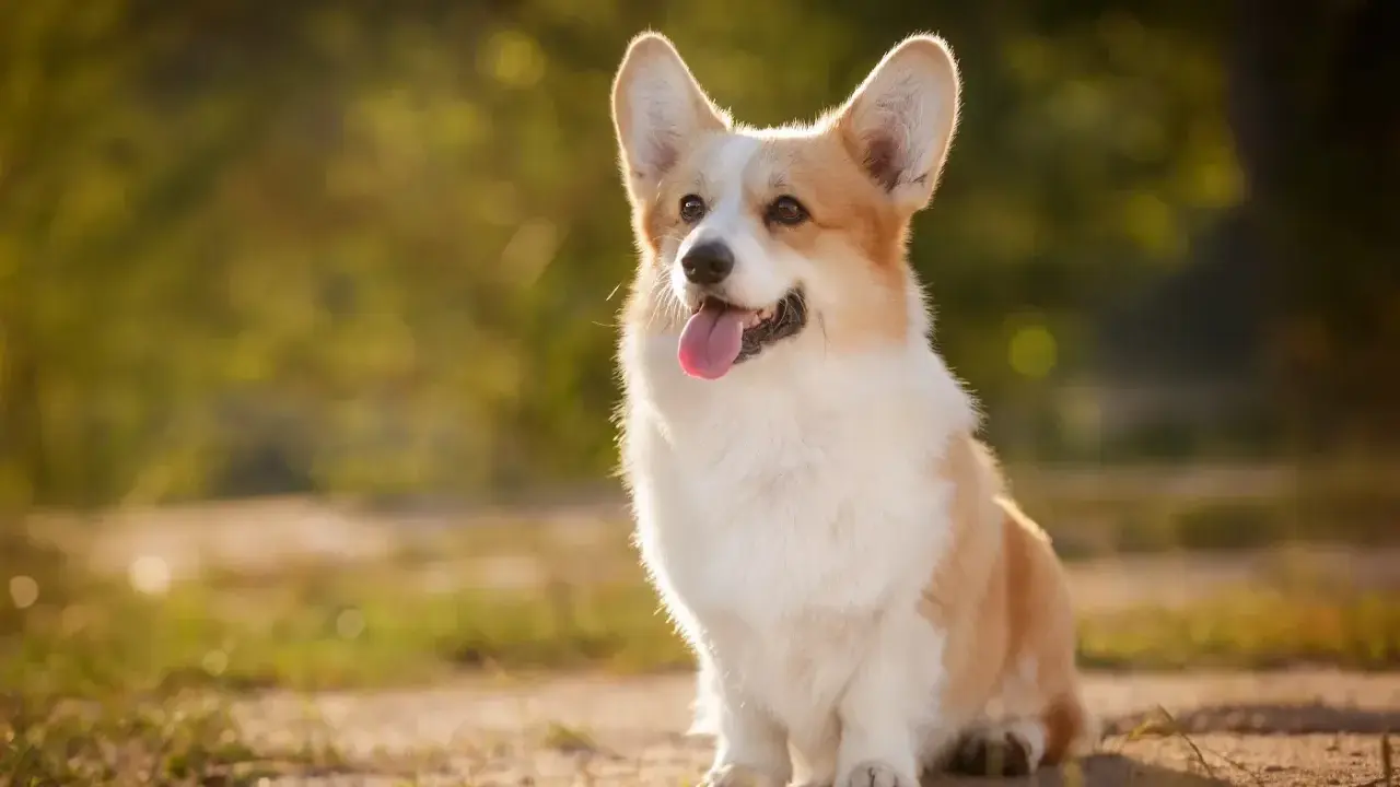 En glad corgi pembroke sitter i solskenet med tungan ute.