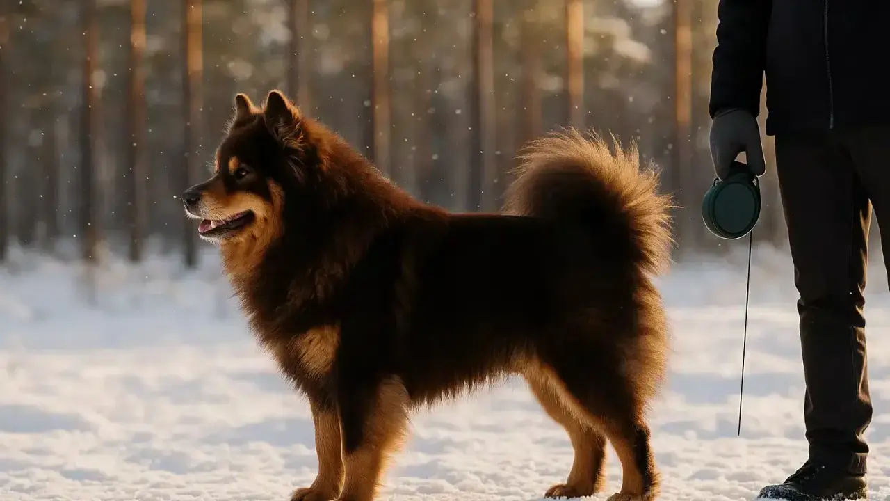 A brown Finnish Lapphund stands in the snow next to a person holding a leash.