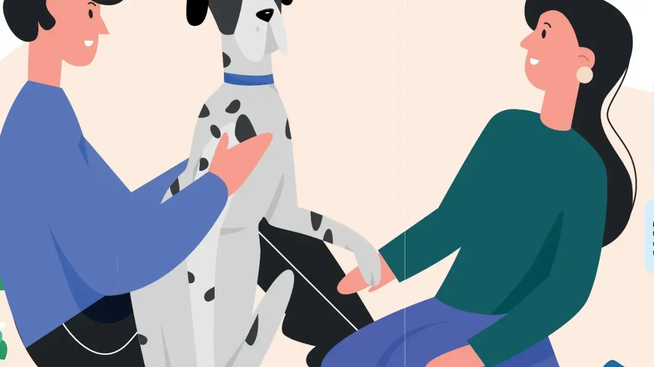 Två personer kelar med en prickig hund. En av dem säger "orkar inte gå ut med hunden".
