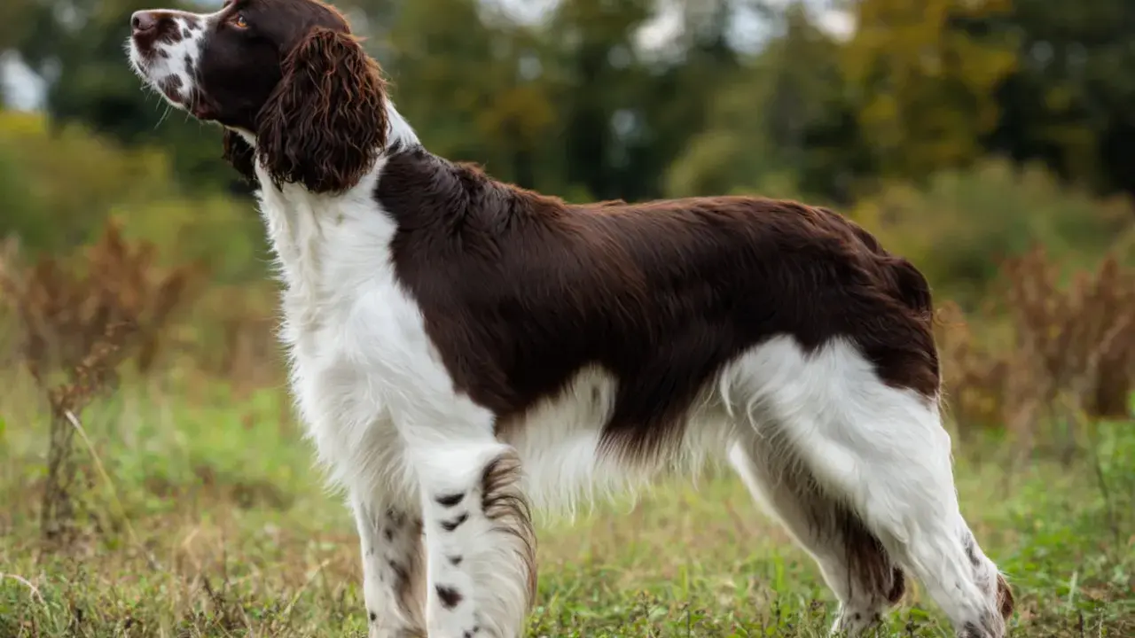 En stolt springer spaniel står i gräset, redo för äventyr.
