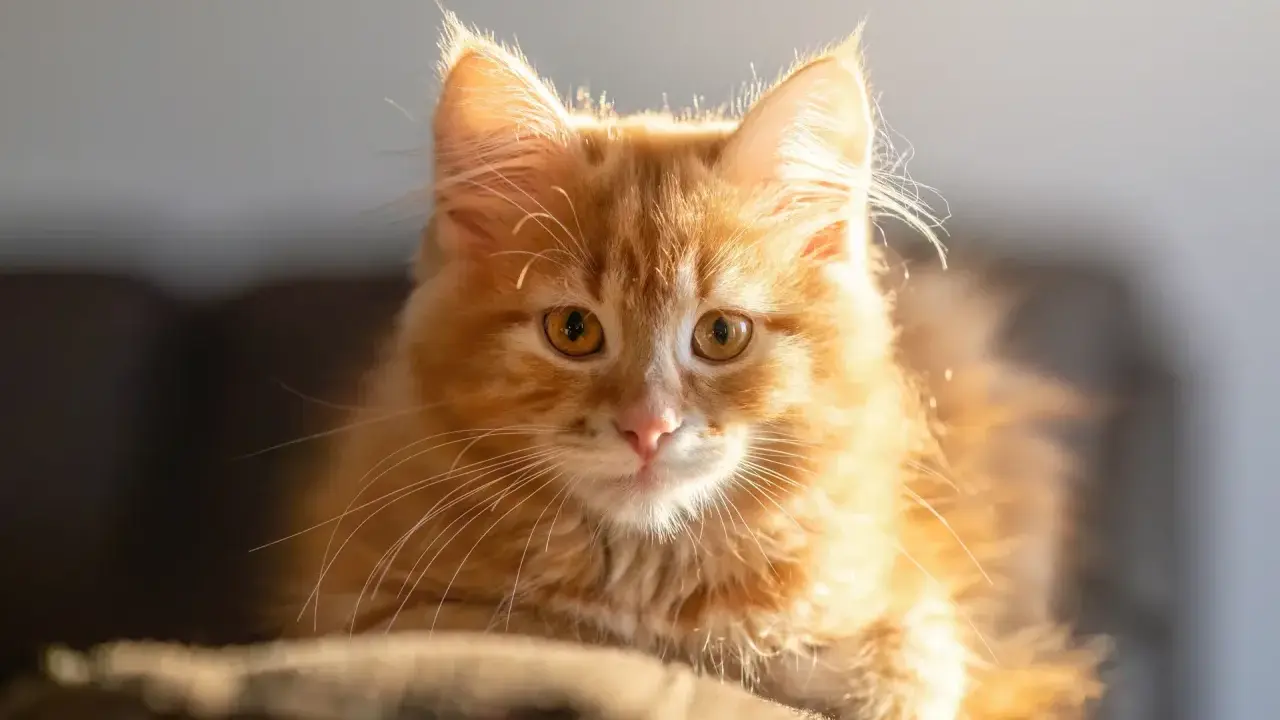 En fluffig, orange katt med stora ögon tittar fram. Den ser ut som en liten lavendel katt i solljuset.