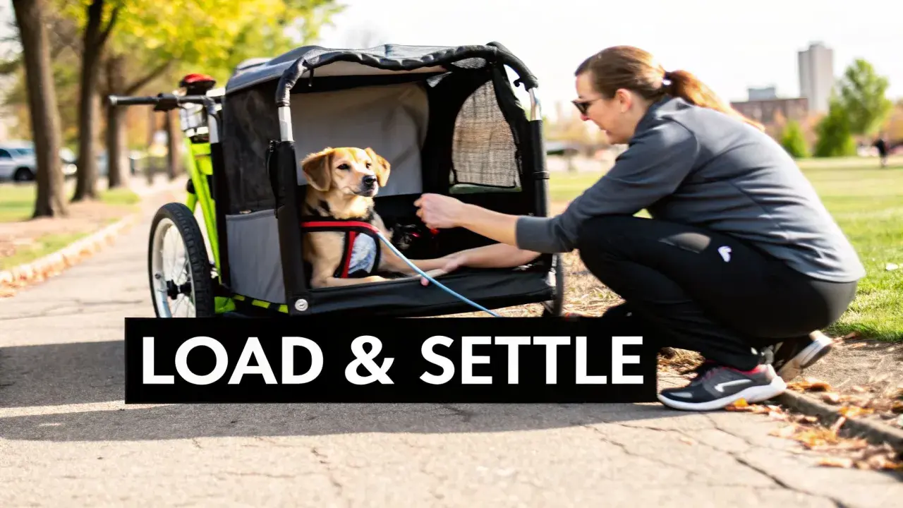 En kvinna förbereder sin hund för att cykla med hund i korg. Hunden sitter tryggt i en cykelvagn.