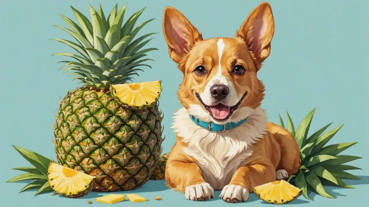 Glad ananas hund med blått halsband, omgiven av ananas och ananasskivor mot ljusblå bakgrund.