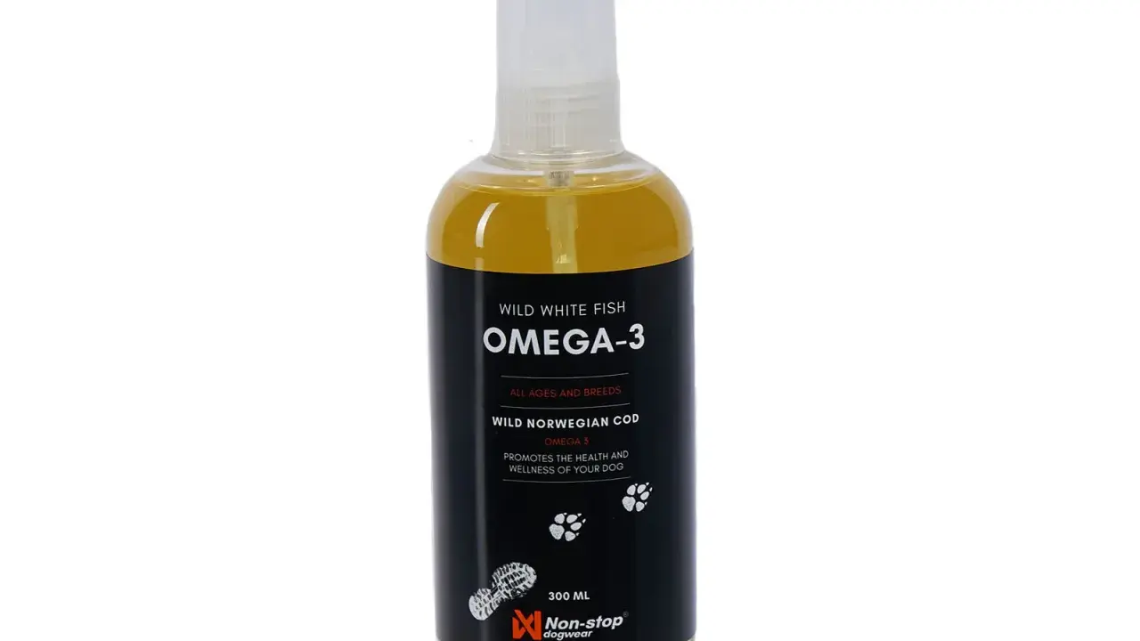 Flaska med fiskolja till hund, Omega-3 från vild norsk torsk. Främjar hundens hälsa och välmående.