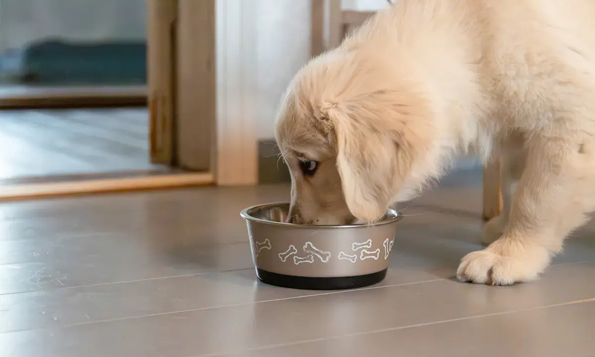 En söt golden retriever-valp mumsar i sig sitt monster valpfoder ur en skål med benmotiv.