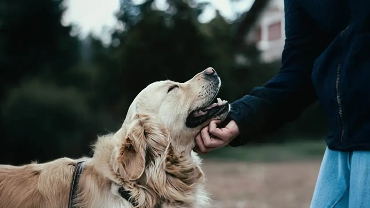 En person klappar en glad golden retriever utomhus. Kanske en ny chans för hunden, en omplacering som ger lycka.