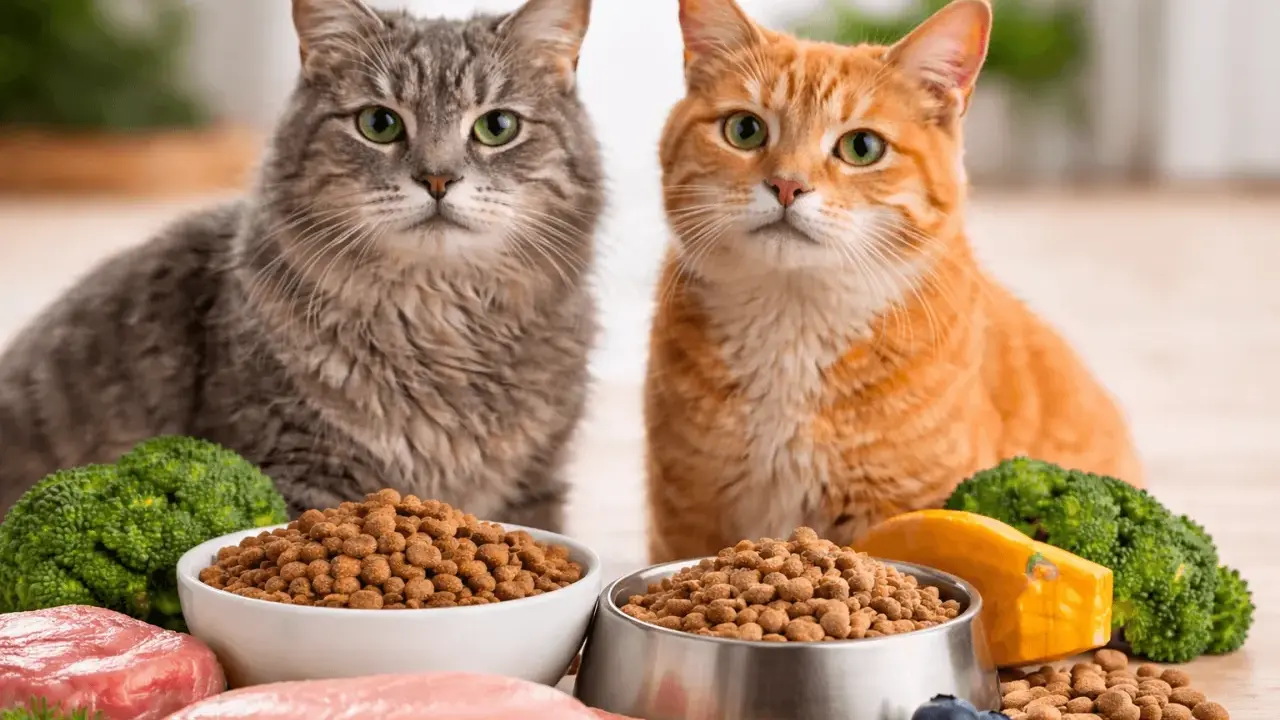 Två katter, en grå och en orange, sitter framför skålar med torrfoder. Runtomkring finns rått kött, broccoli, blåbär och en bit pumpa. Perfekt för seniorfoder katt.