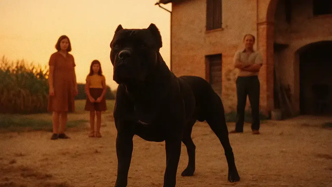 En ståtlig svart cane corso vaktar en familj framför ett gammalt hus i solnedgången.