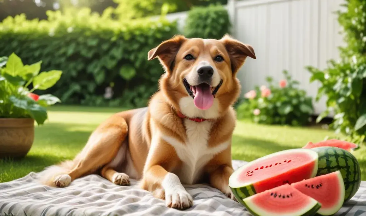 Glad hund på picknickfilt med vattenmelon. En perfekt sommardag för en vattenmelon hund.