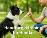En border collie ger en "high five" till sin ägare under en rolig aktivitet med hund utomhus.
