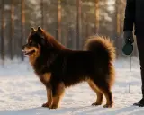 A brown Finnish Lapphund stands in the snow next to a person holding a leash.