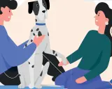 Två personer kelar med en prickig hund. En av dem säger "orkar inte gå ut med hunden".