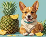 Glad ananas hund med blått halsband, omgiven av ananas och ananasskivor mot ljusblå bakgrund.