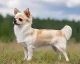 En långhårig chihuahua med ljus päls och bruna fläckar står i gräset. Dess chihuahua psyke lyser igenom i dess alerta blick.