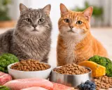 Två katter, en grå och en orange, sitter framför skålar med torrfoder. Runtomkring finns rått kött, broccoli, blåbär och en bit pumpa. Perfekt för seniorfoder katt.