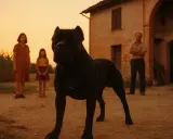 En ståtlig svart cane corso vaktar en familj framför ett gammalt hus i solnedgången.