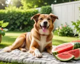 Glad hund på picknickfilt med vattenmelon. En perfekt sommardag för en vattenmelon hund.