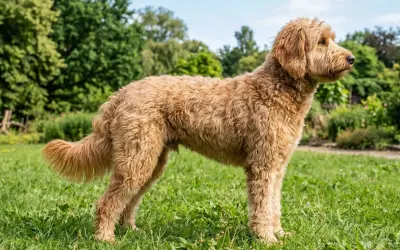 En fluffig labradoodle mini står i gräset med träd i bakgrunden.