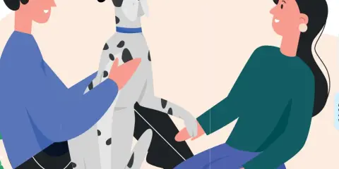 Två personer kelar med en prickig hund. En av dem säger "orkar inte gå ut med hunden".