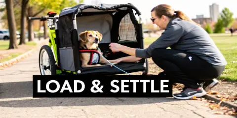En kvinna förbereder sin hund för att cykla med hund i korg. Hunden sitter tryggt i en cykelvagn.