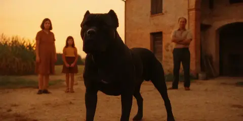 En ståtlig svart cane corso vaktar en familj framför ett gammalt hus i solnedgången.