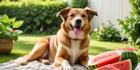 Glad hund på picknickfilt med vattenmelon. En perfekt sommardag för en vattenmelon hund.
