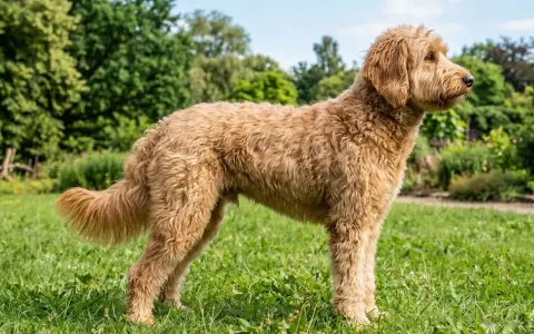 En fluffig labradoodle mini står i gräset med träd i bakgrunden.
