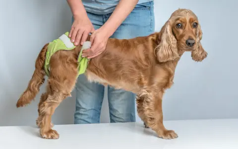 En person tar på en ljusgrön blöja på en brun cocker spaniel. Hunden ser lite fundersam ut, som om den undrar vad som händer med denna russin hund.