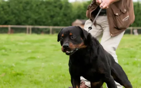 Rottweiler på koppel, en person försöker få hunden att sluta dra.