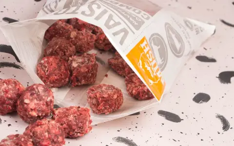 Fryst barf hundmat i form av köttbullar som vält ut ur en påse.