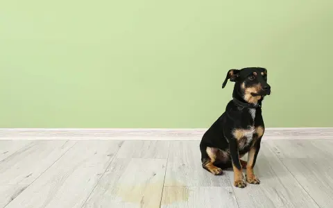 Liten hund sitter på golvet bredvid en pöl. Det ser ut som att hunden kissar inne.