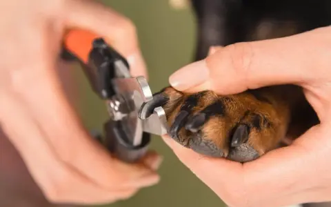 En person klipper en hunds klor. Det är viktigt att veta hur långa klor ska en hund ha för att undvika skador.