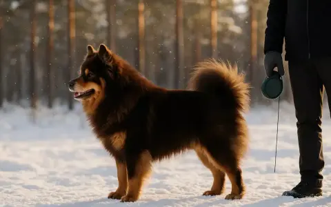 A brown Finnish Lapphund stands in the snow next to a person holding a leash.