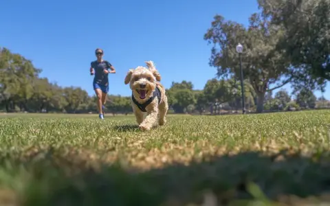 Glad hund springer mot kameran i en park, med en person som springer i bakgrunden.