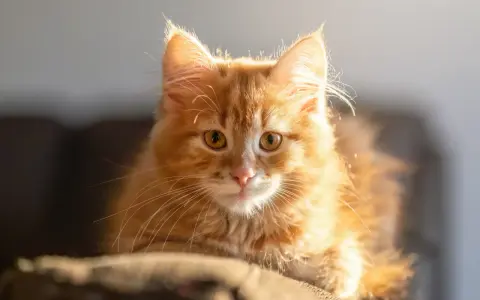 En fluffig, orange katt med stora ögon tittar fram. Den ser ut som en liten lavendel katt i solljuset.