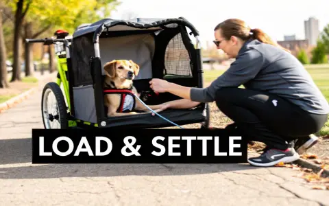 En kvinna förbereder sin hund för att cykla med hund i korg. Hunden sitter tryggt i en cykelvagn.
