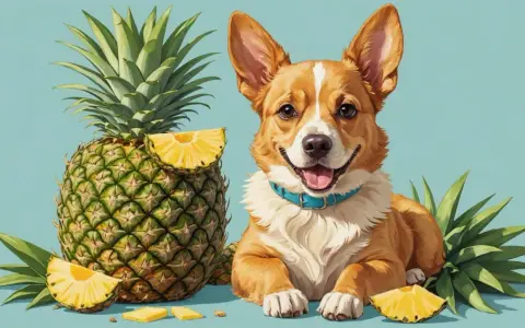 Glad ananas hund med blått halsband, omgiven av ananas och ananasskivor mot ljusblå bakgrund.