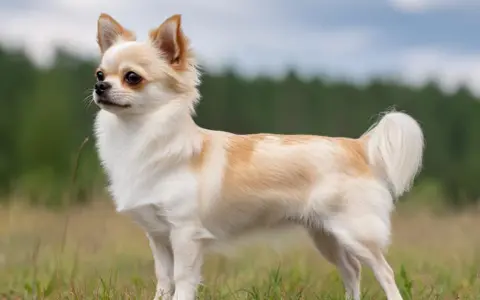 En långhårig chihuahua med ljus päls och bruna fläckar står i gräset. Dess chihuahua psyke lyser igenom i dess alerta blick.