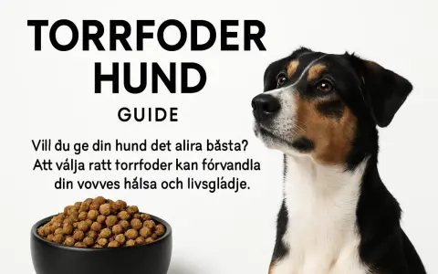En hund blickar mot en skål med halla petfood. Texten "Torrfoder Hund Guide" och en uppmaning att välja rätt foder för hundens hälsa.