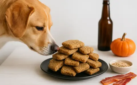 En hund nosar på en hög med hundkakor. Bredvid finns en pumpa, en flaska och lite bacon.