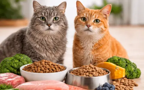 Två katter, en grå och en orange, sitter framför skålar med torrfoder. Runtomkring finns rått kött, broccoli, blåbär och en bit pumpa. Perfekt för seniorfoder katt.