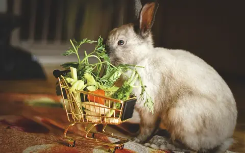 En söt kanin mumsar på färska grönsaker från en miniatyr-shoppingvagn. Bland godsakerna finns bland annat ruccola och morotsblast.