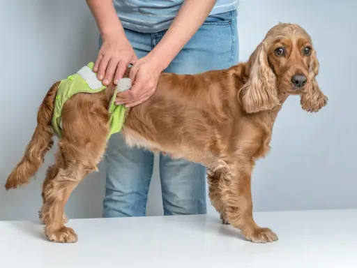 En person tar på en ljusgrön blöja på en brun cocker spaniel. Hunden ser lite fundersam ut, som om den undrar vad som händer med denna russin hund.