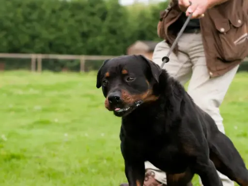 Rottweiler på koppel, en person försöker få hunden att sluta dra.