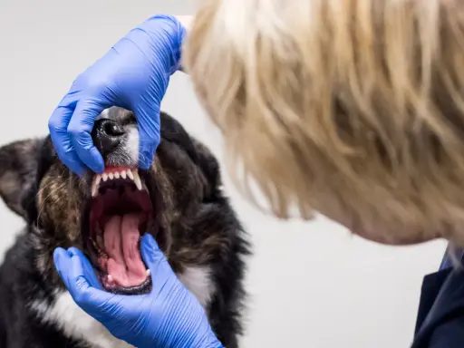 En veterinär undersöker en hunds mun. Tänderna är synliga, och det luktar tandsten.