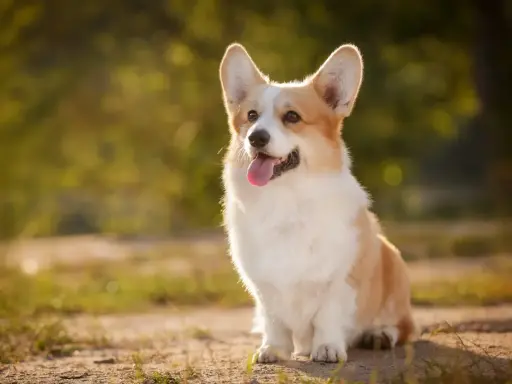 En glad corgi pembroke sitter i solskenet med tungan ute.