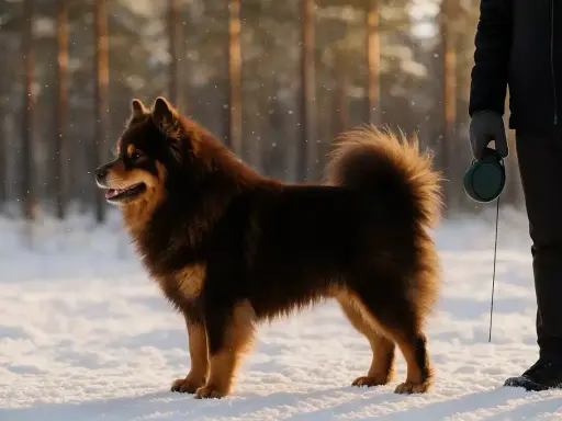 A brown Finnish Lapphund stands in the snow next to a person holding a leash.