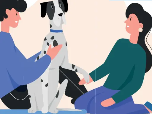 Två personer kelar med en prickig hund. En av dem säger "orkar inte gå ut med hunden".
