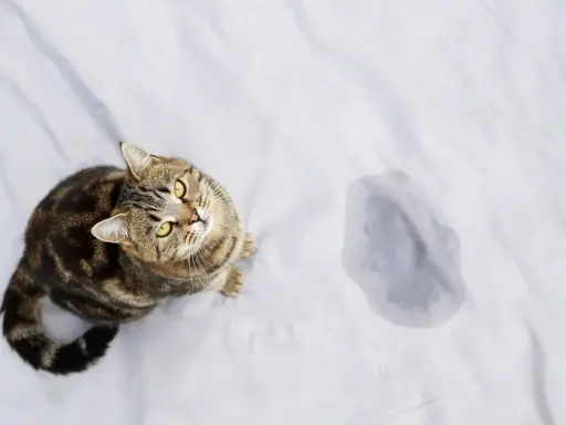 En randig katt sitter bredvid en pöl på ett vitt lakan. Hur mycket kissar en katt?